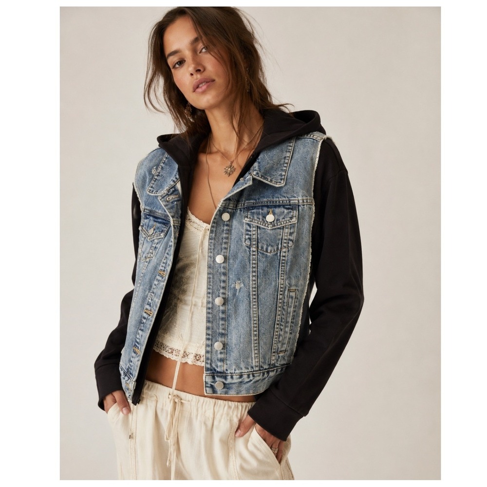 Bailey 44 Denim Hoodie Jacket Large Blue Black Distressed Grunge Streetwear Edgy